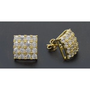 Real 10K Yellow Gold 9.8mm Micro-Pave Square CZ Stud Earrings 2.6gr Men-Women